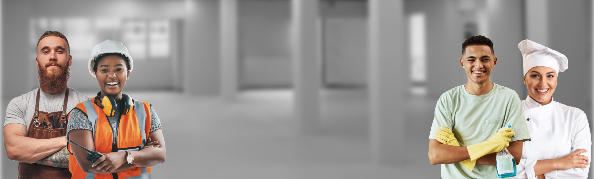 un coiffeur, une conductrice de chariot élévateur, un aide-ménager, une cuisinière