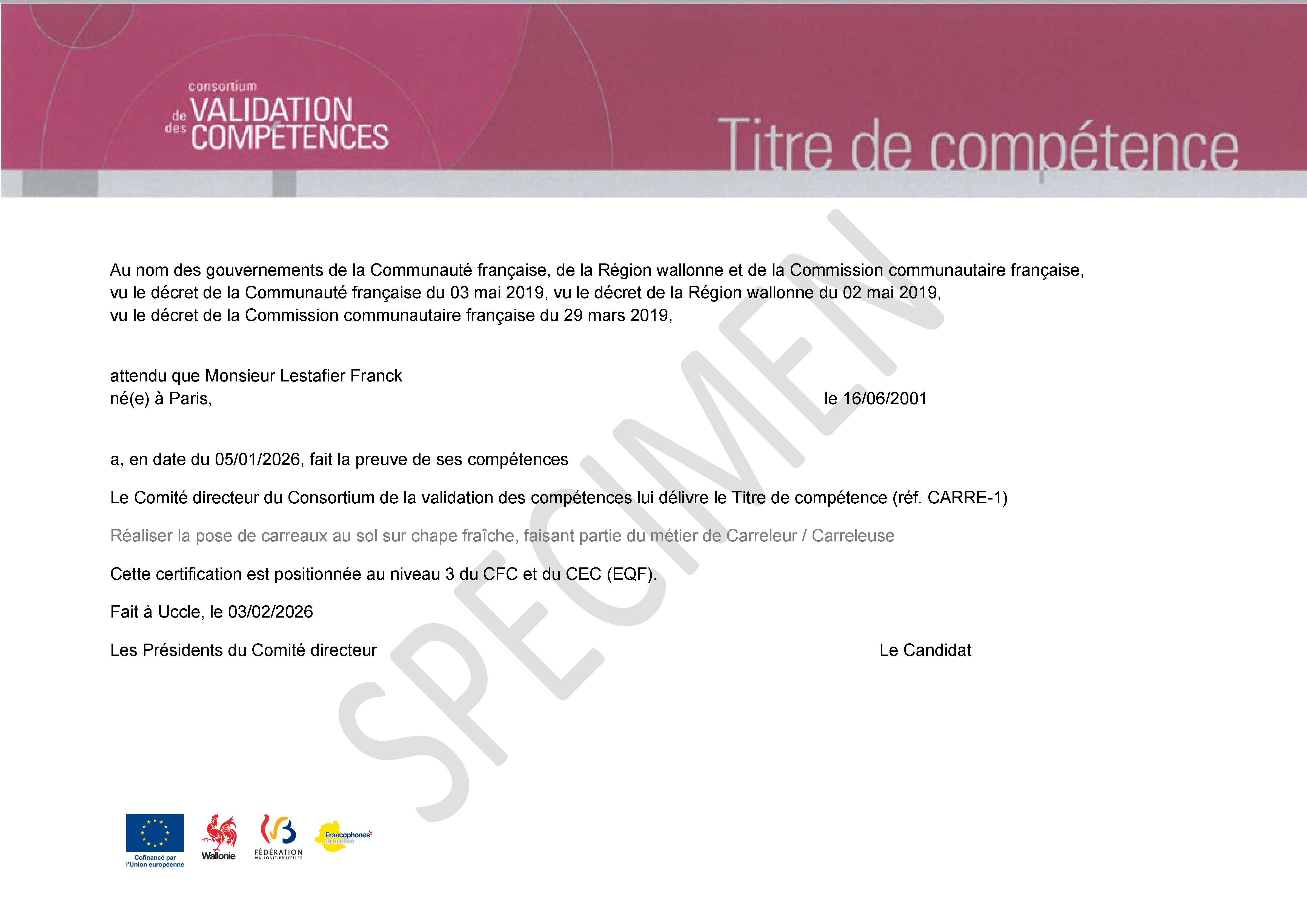 Spécimen d'un Titre de compétence